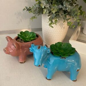 RUSTIC CERAMIC FARMHOUSE ANIMALS SUCCULENT PLANTERS PINK PIG BLUE COW